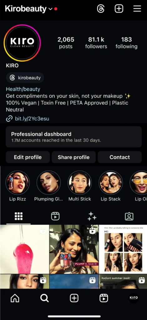 KIRO Beauty social media campaign performance screenshot