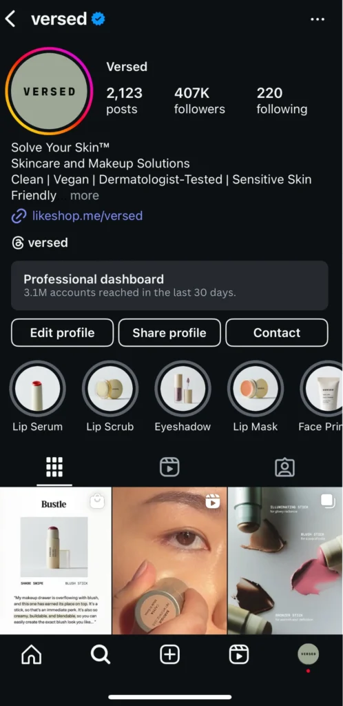 Versed social media campaign performance screenshot