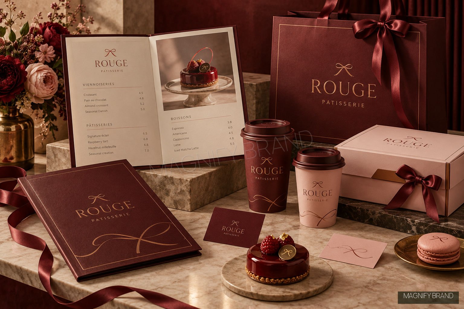 Burgundy · Blush · Gold hospitality menu and packaging concept